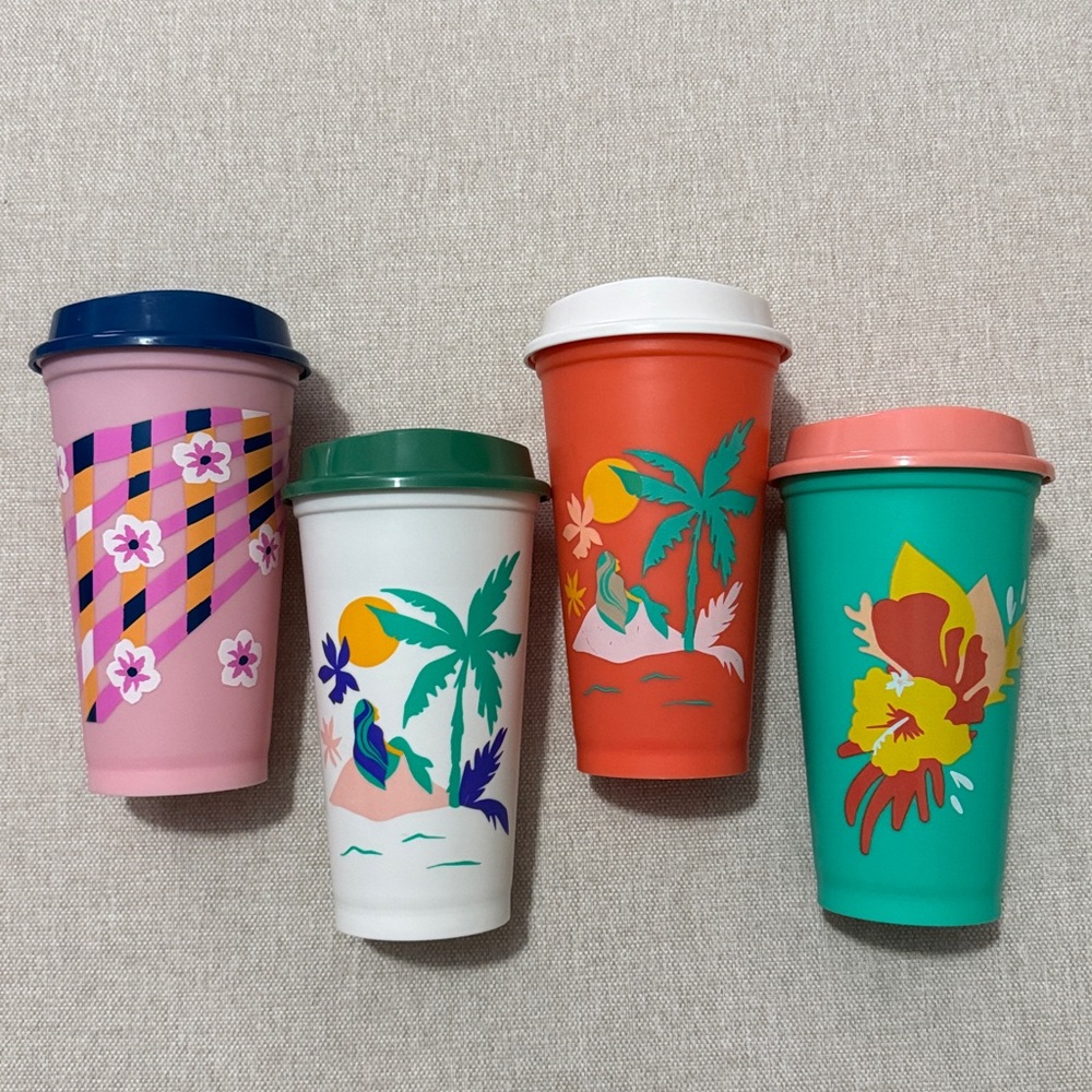 4 Starbucks Reusable Cups-Plastic 16 oz-Tropical Themed-Colored Lids-GUC